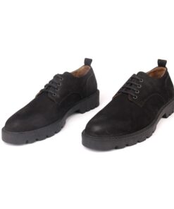 Handmade Casual Derby Shoes with Black Calf Nubuk Suede & Leather, Height Increasing Matte Rubber Sole, Men's Comfort Fashion