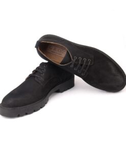 Handmade Casual Derby Shoes with Black Calf Nubuk Suede & Leather, Height Increasing Matte Rubber Sole, Men's Comfort Fashion