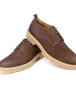Handmade Casual Derby Shoes with Light Bown Camel Calf Nubuk Suede & Leather, Height Increasing Matte Rubber Sole, Men's Comfort