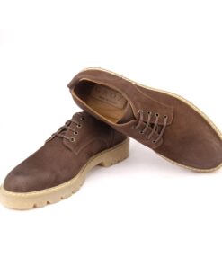 Handmade Casual Derby Shoes with Light Bown Camel Calf Nubuk Suede & Leather, Height Increasing Matte Rubber Sole, Men's Comfort