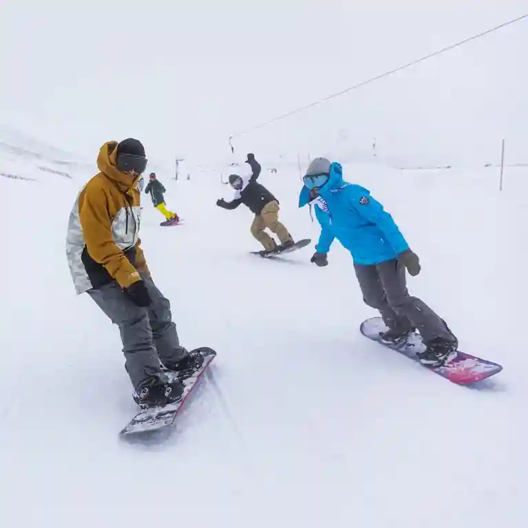 Men wearing grition hiking ad snow boots, using snowboards