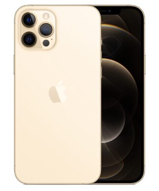 New Apple iPhone 12 Pro Max in gold color, back view and front view on white background