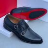 Frank Perry Executive Black Leather Polished Plain Shoe with 2 Belt Buckle