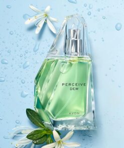 avon perceive dew bottle on a blue watery floral background