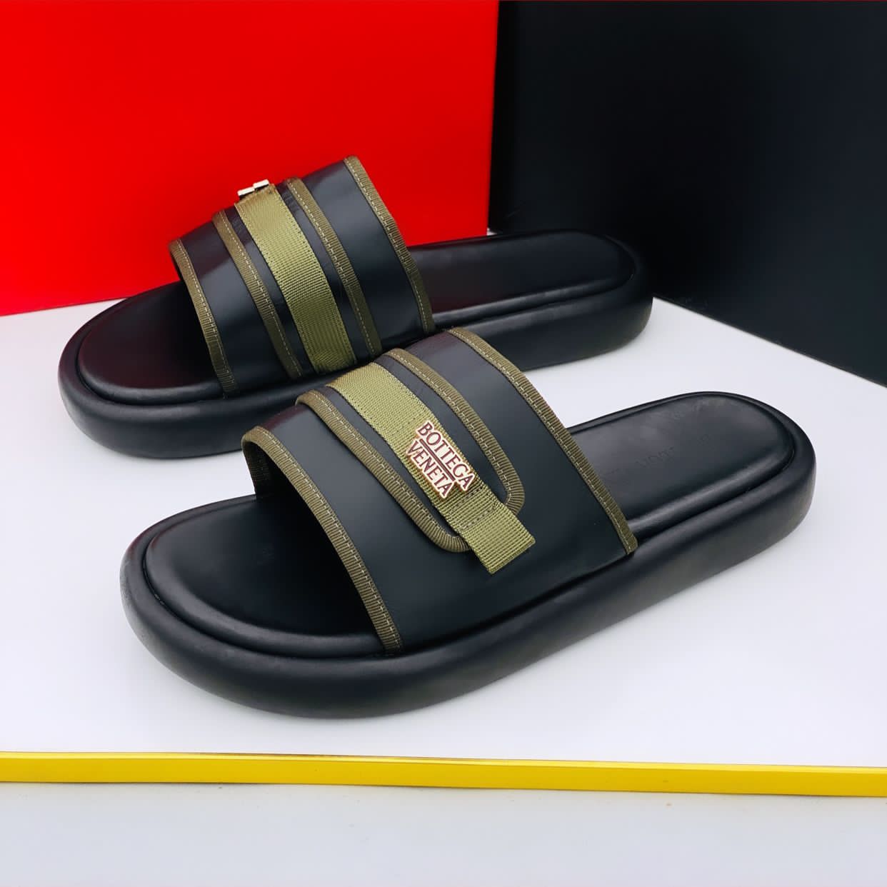 Original Black Leather Slippers with Olive Green Shopwice Original Black Leather Slippers with Olive Green