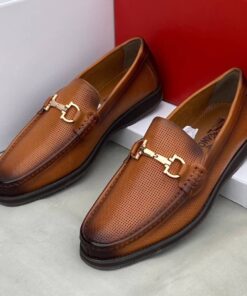 Salvatore Ferragamo Executive Brown Leather Loafer Shoe with Black Toe