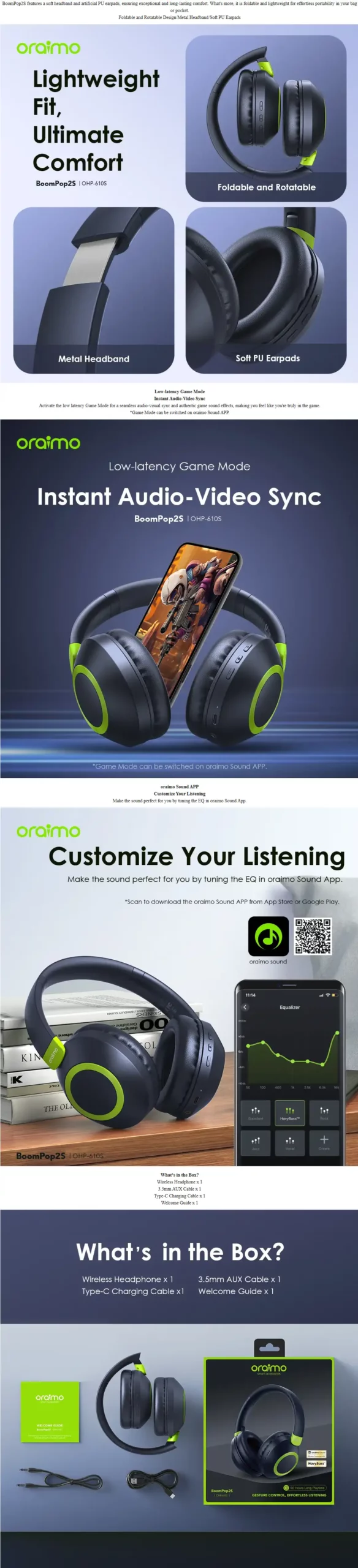 oraimo BoomPop2S ENC Over-Ear Wireless Headphones 