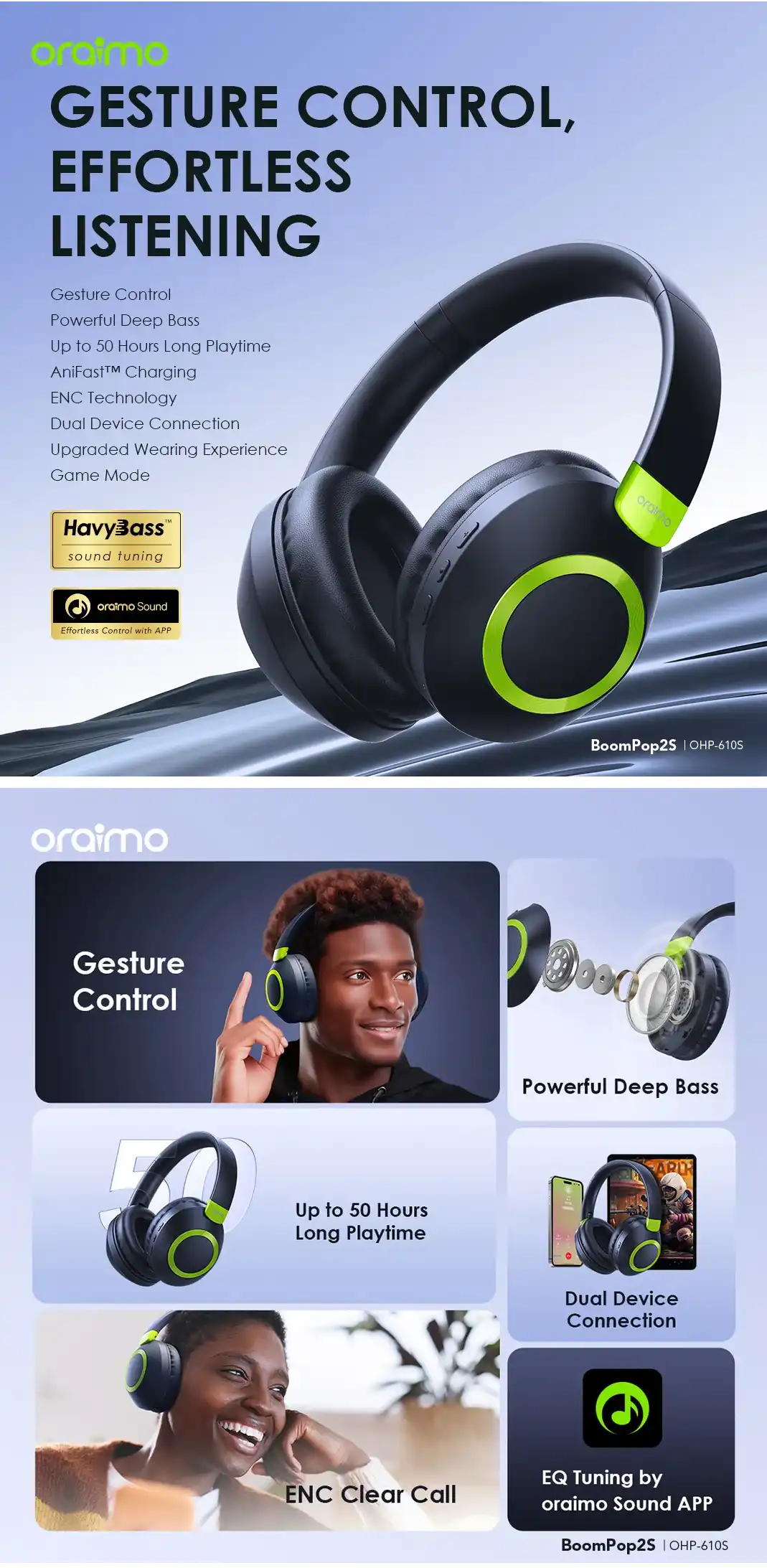 oraimo BoomPop2S ENC Over-Ear Wireless Headphones 