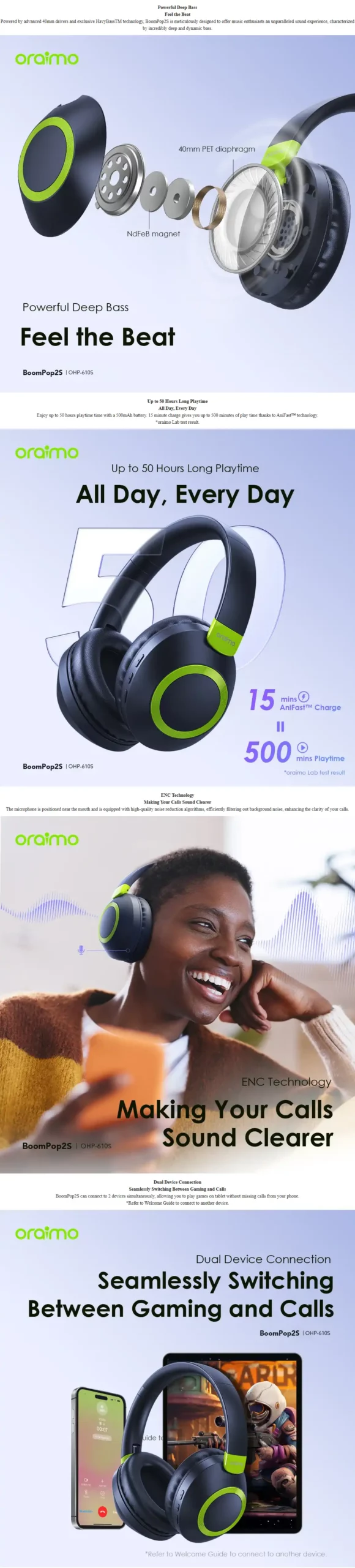 oraimo BoomPop2S ENC Over-Ear Wireless Headphones 