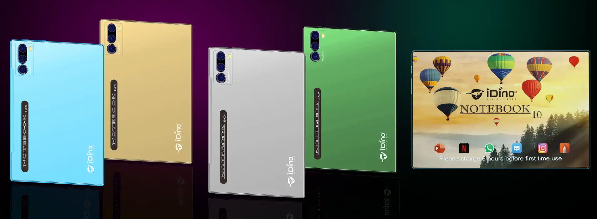 Idino Notebook 10 Android Tablet with 360 Rotating cover Shopwice an image depicting all the colors of idino notebook 10 in horizontal manner