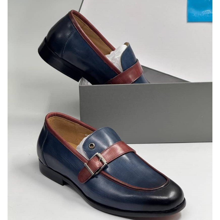 AD Maurizio Classic Blue-Brown Leather Loafer Shoe with Belt Buckle Shopwice blue brown loafer