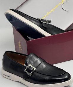 Anax Casual Black Leather Loafer Shoe with Single Belt Buckle