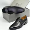 AD Maurizio Executive Black Plain Leather Laced Shoe with Crocodile Pattern