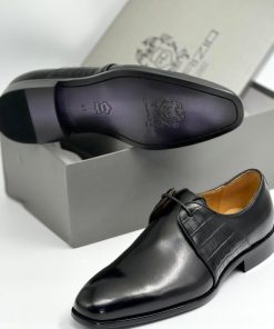 AD Maurizio Executive Black Plain Leather Laced Shoe with Crocodile Pattern