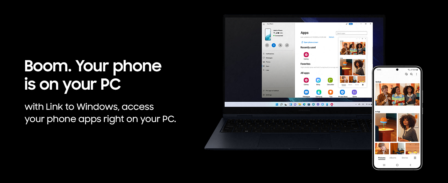 Samsung Galaxy S22 Plus connected to PC with Link to Windows for phone apps access