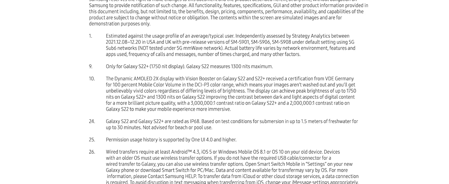 Technical footnotes and disclaimers for Samsung Galaxy S22 Plus features