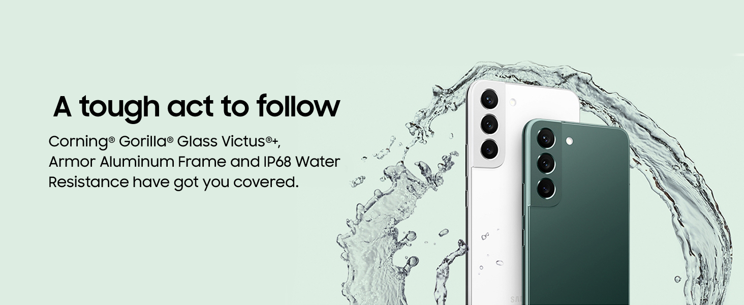 Samsung Galaxy S22 Plus phones showcasing Corning Gorilla Glass Victus+ and IP68 water resistance