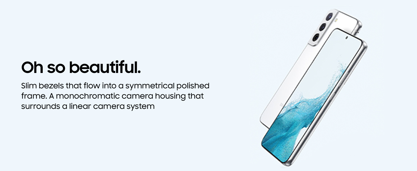 Beautiful design of Samsung Galaxy S22 Plus with slim bezels and polished aluminum frame