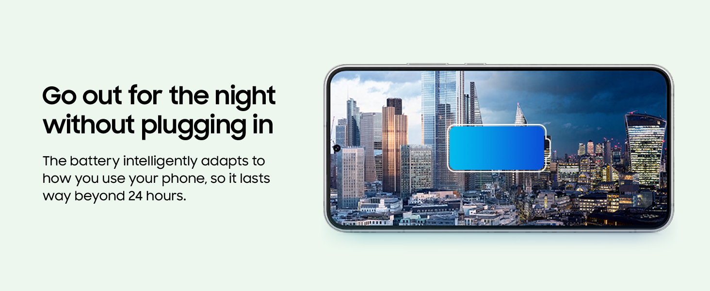 Samsung Galaxy S22 Plus with intelligent battery lasting over 24 hours, shown with city skyline