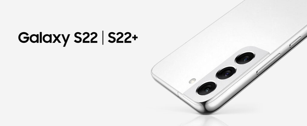 Back view of white Samsung Galaxy S22 Plus smartphone showcasing its sleek design and triple camera array