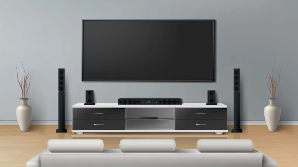 home theatre cinema with black tv, speakers sound bars, ivory sofa on a grey background