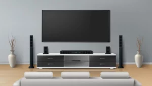 home theatre cinema with black tv, speakers sound bars, ivory sofa on a grey background