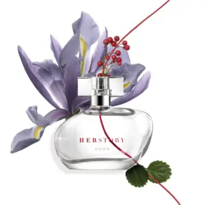 avon herstory-eau-de-parfum-50ml-bottle on purple flowers and white background