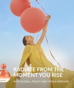 female model holding far away endless colored balloon in the sun 2