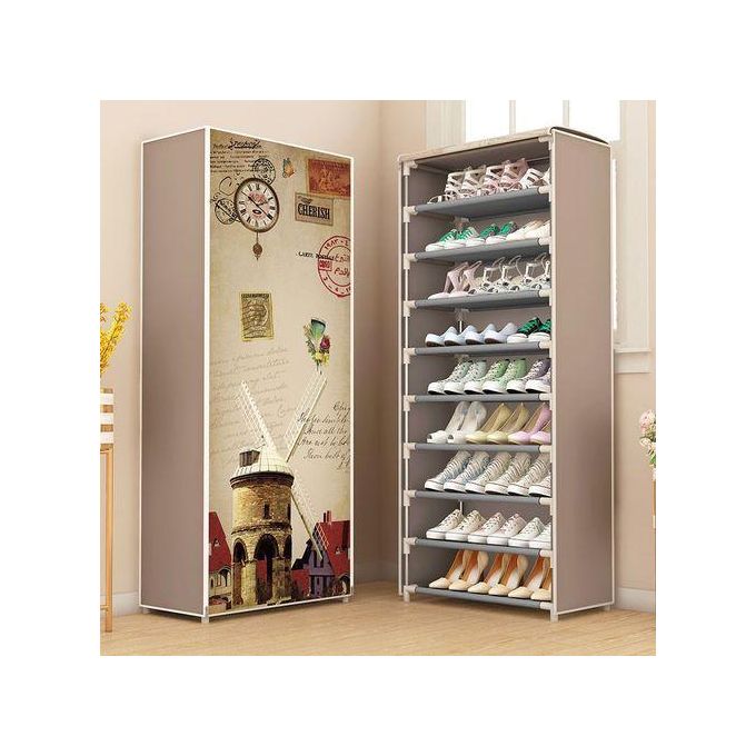 Home Shoe Storage 9 Layer Free Standing Shoe Rack Cover Cabinet with Fabric