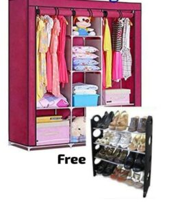 3-Compartment Foldable Wardrobe Fabric Cover With Free Shoe Rack - Pink/Black