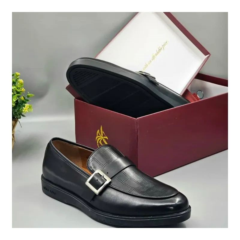 Anax Classic Black Dot Patterned Loafer Shoe with Single Belt Buckle
