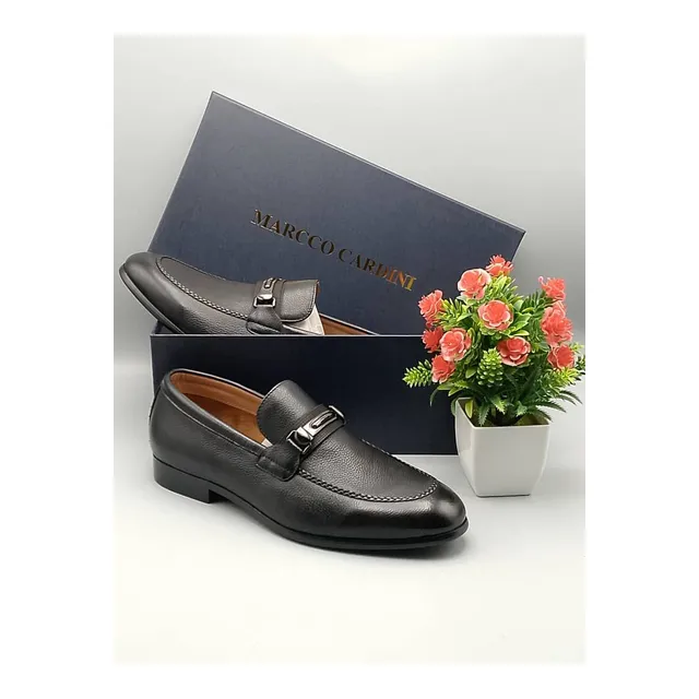 Marco Cardini Black Pebbled Leather Horsebit Loafers