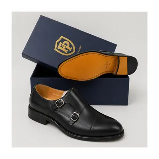 Frank Perry Men’s Black Double Monk Strap Cap-Toe Shoes
